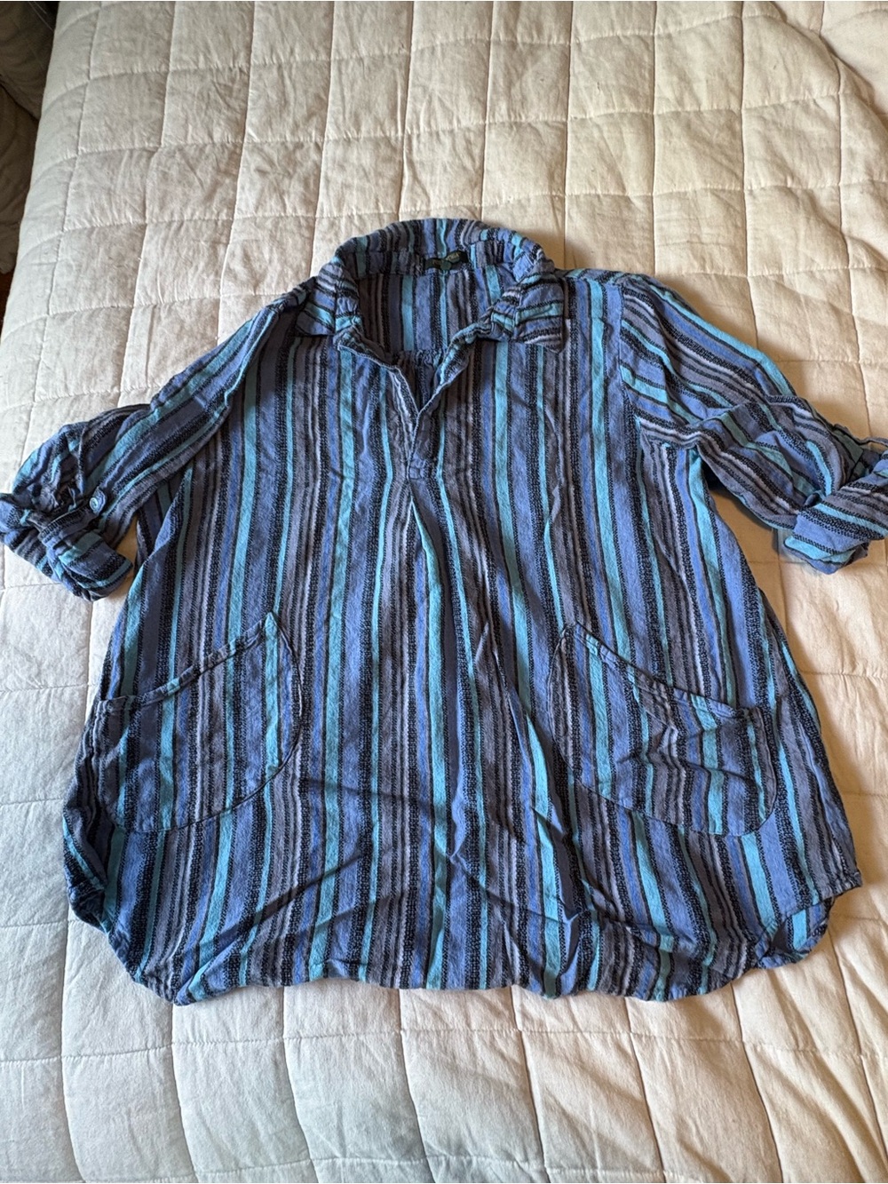 For Cynthia 2X Blue Striped Boho Tunic Top Oversized Patch Pockets